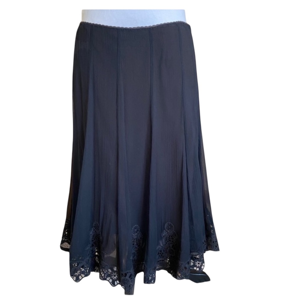 Elie Tahari Mara Black A-Line Sheer Silk Lace Chiffon Midi Evening Skirt